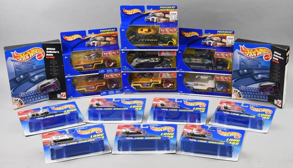 (16) 1997-98, 2001-02 Mattel Hot Wheels Assortment-MIP-NOS: Lot is 16 1997-98, 2001-02 Mattel Hot Wheels Assortment-MIP-NOS. Includes Pavement Pounders, Collector Guides and Long Haulers. Single owner collection from the largest toy collector on the West Coast