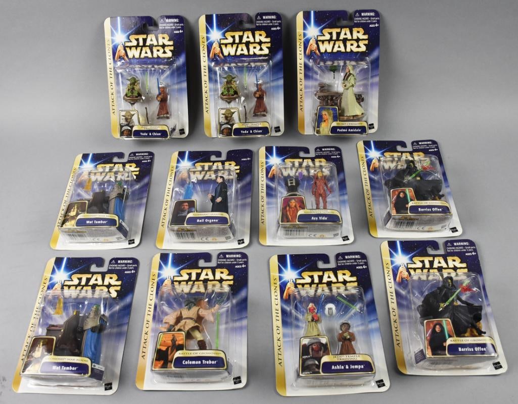 (11) 2003 Hasbro Star Wars Attack of the Clones-MOC-NOS: Lot is 11 2003 Hasbro Star Wars Attack of the Clones-MOC-NOS. Including but not limited to: Yoda & Chian, Padme Amidala, Ayy Vida, Barriss Offee, Ashla & Jempa and more. Single owner collection from t