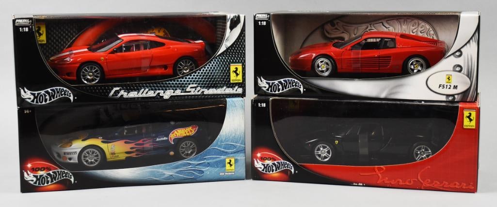 (4) 2000, 02-03 Mattel Hot Wheels Ferrari Assortment-MIB-NOS: Lot is four 2000, 02-03 Mattel Hot Wheels Ferrari Assortment-MIB-NOS. Includes Challenge Stradale, F512 M, Enzo and and Ferrari 360. Single owner collection from the largest toy collector on the West