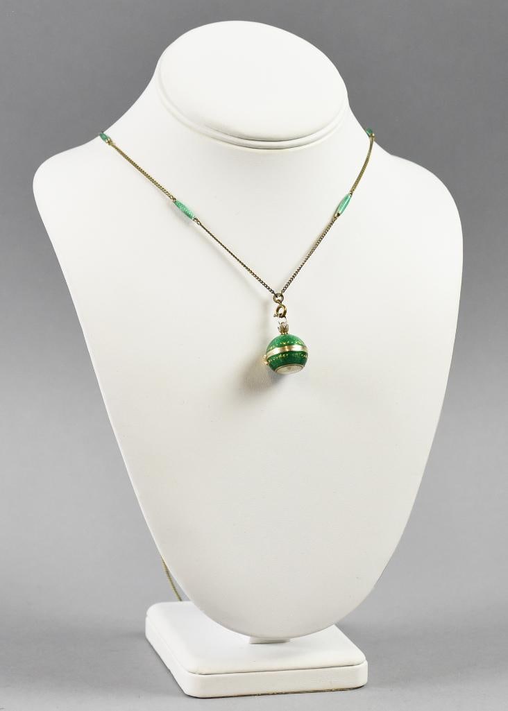 Vintage Atlanta Geneve Guilloche Ball Watch-Original Box: This cute little pendant watch is Atlanta Geneve. Ball watch with green guilloche enamel. Chain appears original with coordinating green guilloche links. Comes in the original presentation box.