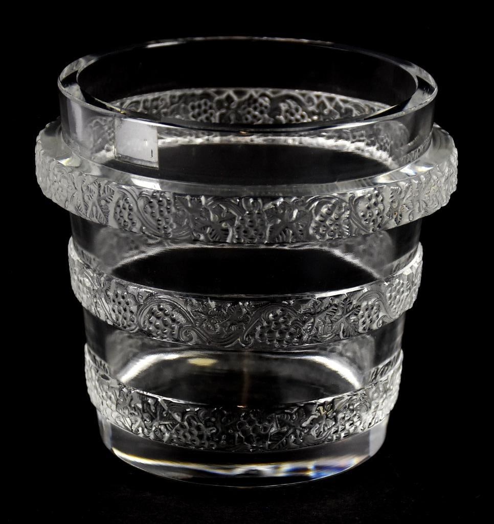 Lalique Lave-Raisins Ricquewihr Frosted Band Ice Bucket: Beautiful vintage Lalique ice bucket. Crystal with frosted bands of grapes and leaves. It is called Lave-Raisins Ricquewihr, grape washer. Well marked on bottom and measures approx. 5" tall x 5.5" wid