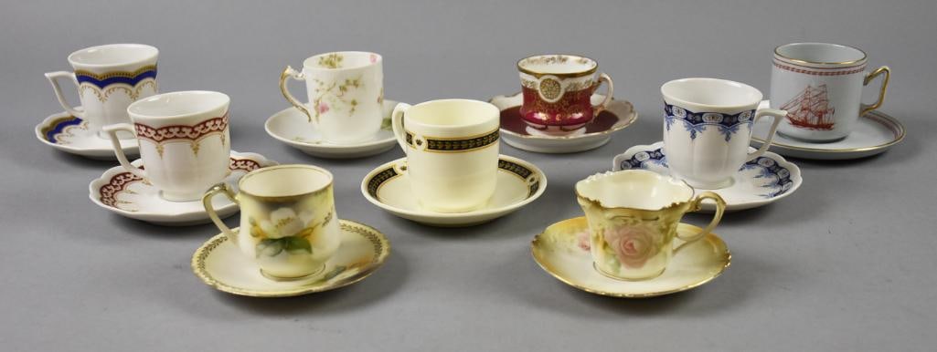(9) Misc Porcelain Tea Cups w/ Saucers RS Prussia, Spode & More: Pretty lot of vintage and antique cup and saucer sets from various manufacturers. Includes Spode, Royal Doulton, Vohenstrauss, RS Prussia, Royal Wettin and Limgoes. No duplicate patterns. Great for we