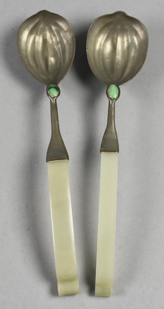 19th C Chinese Carved Nephrite Spoon Hair Ornaments: This is a stunning pair of 19th century Chinese pieces. Each is a hair ornament spoon with carved nephrite handles and inset with a cabochon jade stone above the bowl. Spoon bowls appear pewter in a s