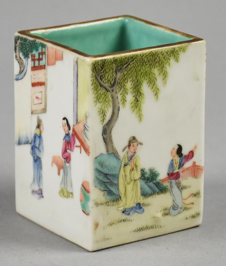 Vintage Chinese Qianlong Porcelain Hand Painted Brush Pot: This beauty is of Chinese origin. Square shaped porcelain, polychrome painted by hand with different scenes on each panel. Stamp on bottom indicates Qianlong period make. Measures approx. 3" tall x 2"