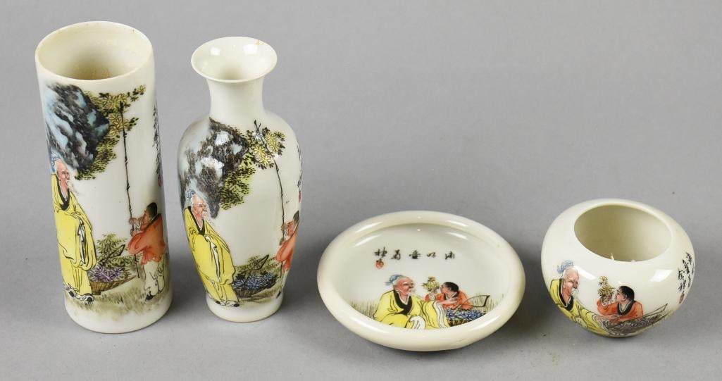 c1950 Jiangxi Chinese Porcelain Hand Painted Grouping: This is a fun lot, all appear to be a set, all Chinese porcelain. Lot is three vases and small dish, with painted scenes and calligraphy. All I can figure in the mark appears to be Jiangxi, from the p
