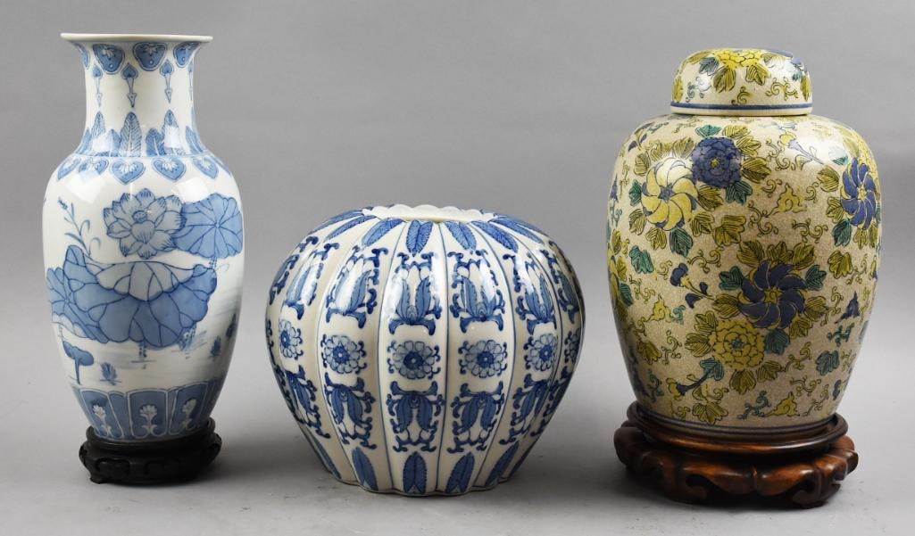 Vintage China & Japan Porcelain Painted Decorative Pcs: Pretty variety of porcelain decorations in a nice assortment of shapes. One is Andrea made in Japan in the form of a ginger jar with wooden stand. Two are made in China in the form of vases with one h