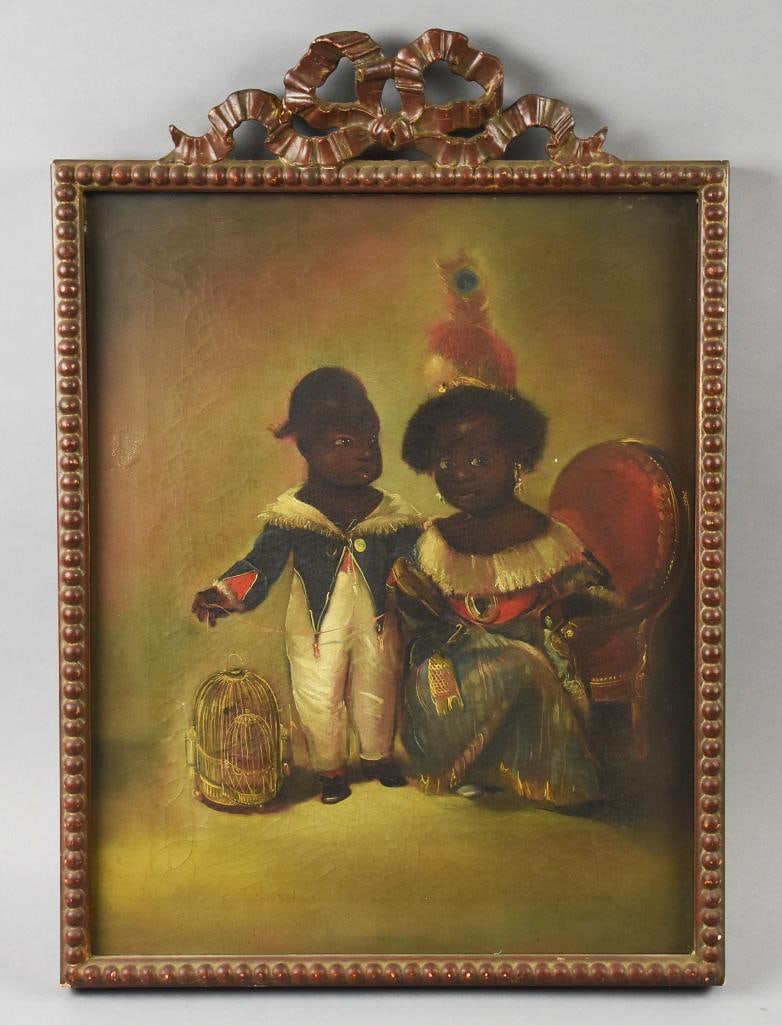 Kenneth Kendall (1921-2006) California Oil on Canvas: Adorable painting from California artist Kenneth Kendall (1921-2006). Two precious children with the little girl sitting in a balloon back chair and little boy looking at her, bird cage at his feet. P