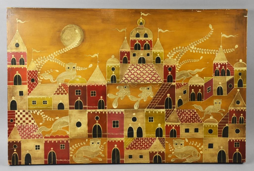 P. Reyes Whimsical Folk Art Mexican Cityscape Oil On Canvas: This fun painting is ready for framing. Great cityscape appears medieval in nature in gold and red, adorned with stylized fish and cats. It is marked along the bottom stretcher P. Reyes, possibly Pedr