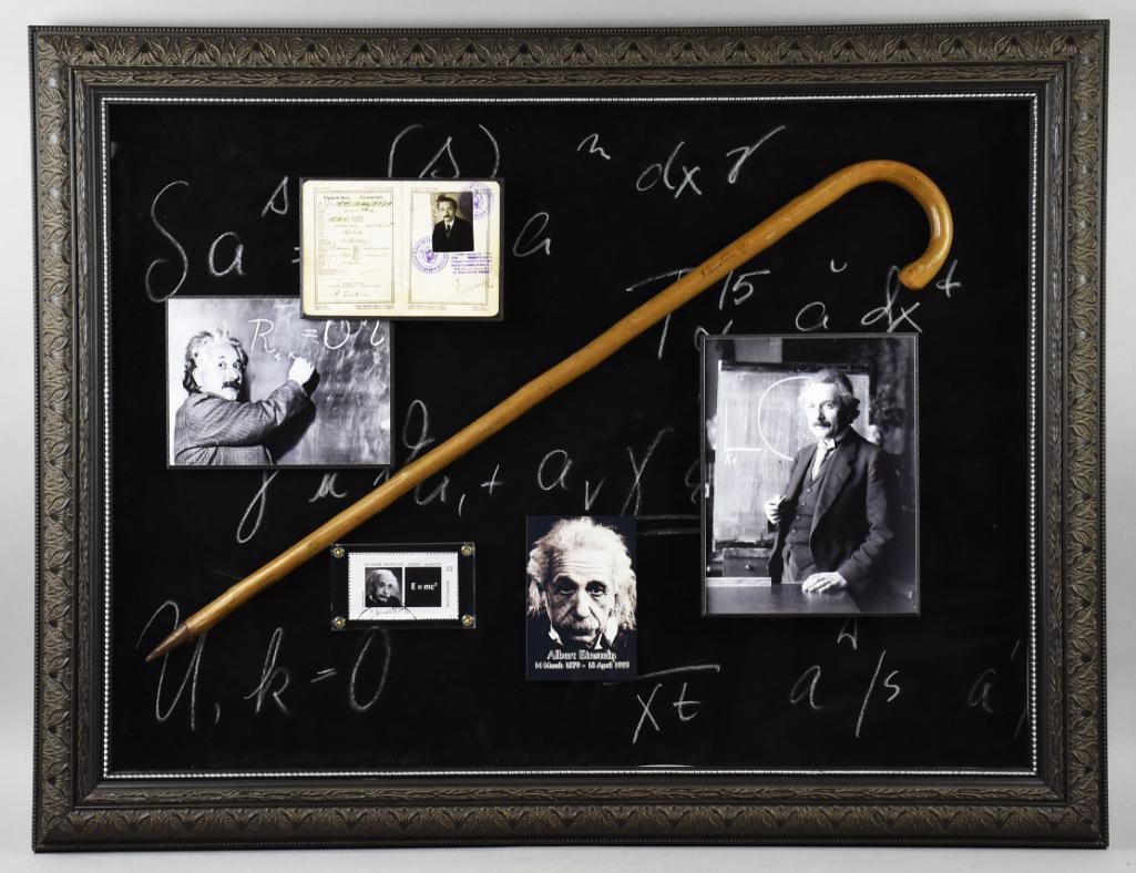 Albert Einstein Signed Cane t, Shadowbox Framed: Wow, so cool! For you Albert Einstein (1879-1955) fans, this is an awesome piece of his history. This shadowbox with equation background has some photos of Mr. Einstein of various ages, but the cooles