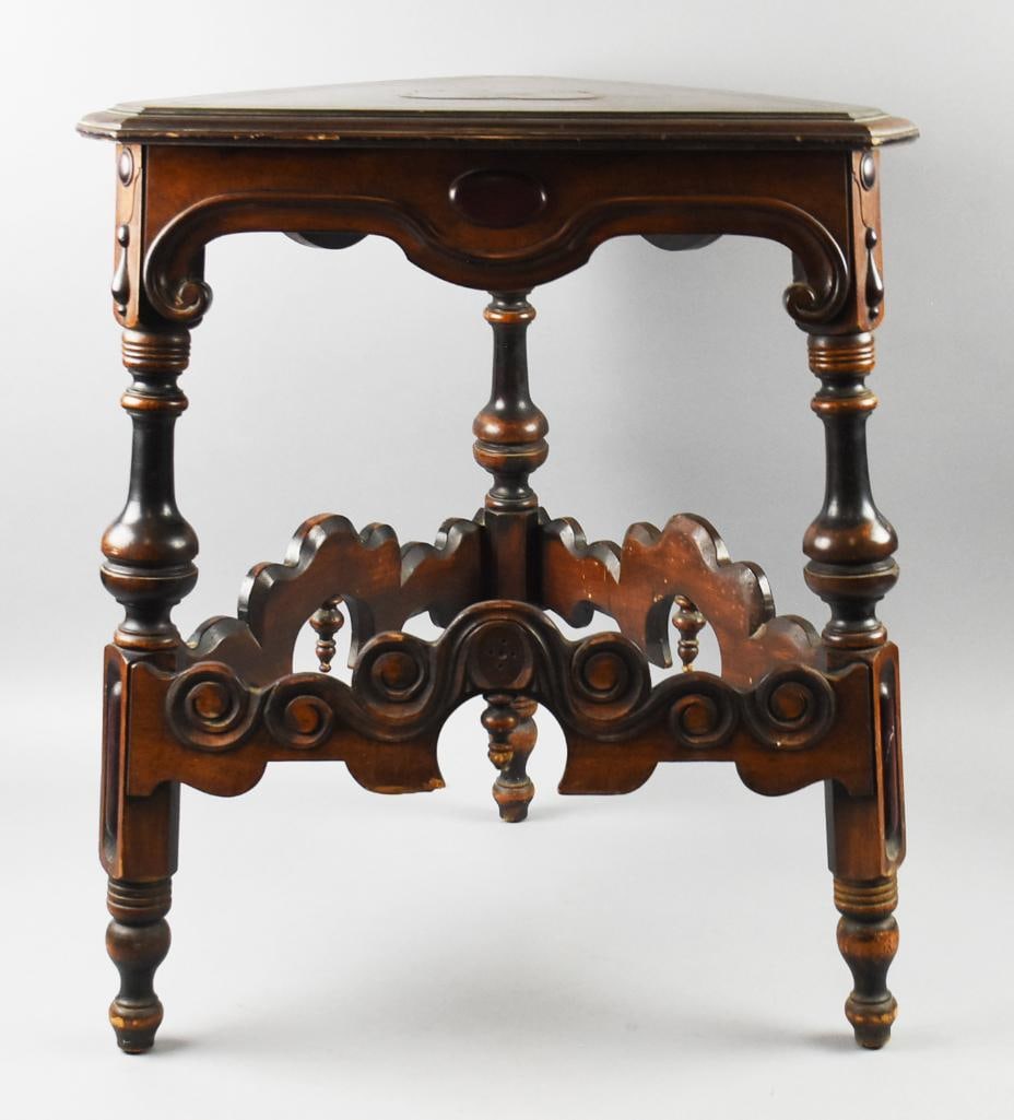 c1900 Kittinger Triangular Corner Table, Parquetry Inlay: This gorgeous Spanish Renaissance style table is attributed to Kittinger Furniture Co. Triangular top with trefoil parquet inlay, S scroll apron and carved scroll stretchers with upside down finials.