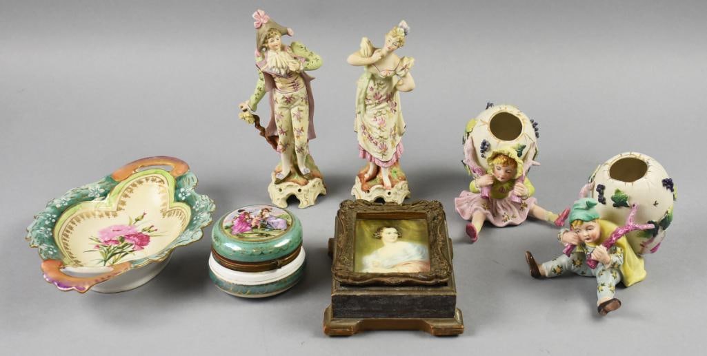 Vintage Victorian Style Figurines, Dish & Trinket Boxes: This fun assortment of Victorian style decorations. Includes a pair of Ardalt seated figurine match holders, a male and female Victorian couple with crossed arrow mark made by Arnart by designed by Ka