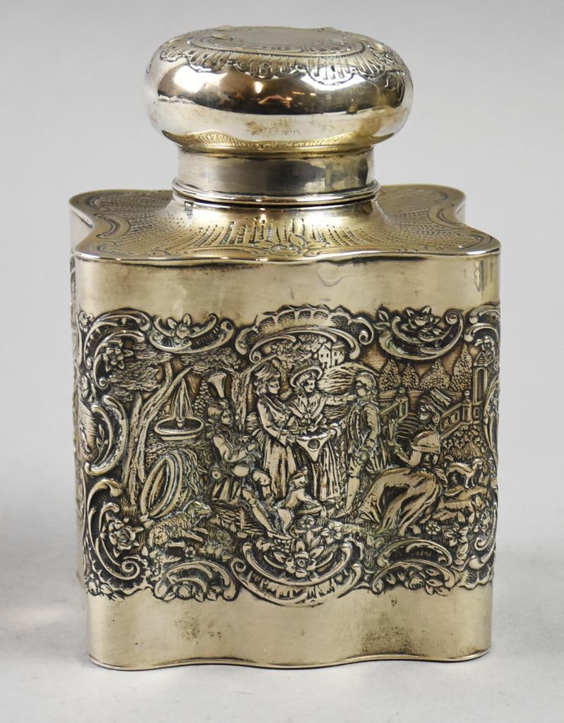 Early 20th C Large German 800 Silver Repousse Tea Caddy: This fantastic early 20th century Victorian tea caddy is of German origin and is 800 silver. The repousse scene appears to be one side, a wedding, one side dancing and celebrating. The bottom is stamp
