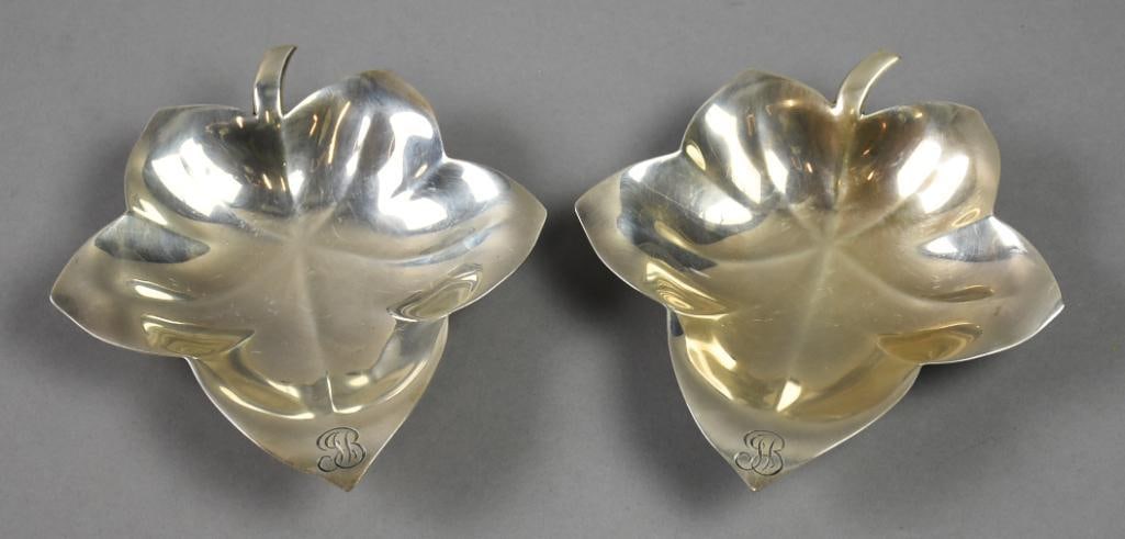 1947-56 Tiffany & Co Makers Sterling Leaf Form Trinket Dish: Beautiful dishes in the form of a maple leaf. Each footed piece is impressed Tiffany Makers Sterling 23159, the impressed M was the letter used for the directorship of Louis DeBebian Moore. Each leaf 