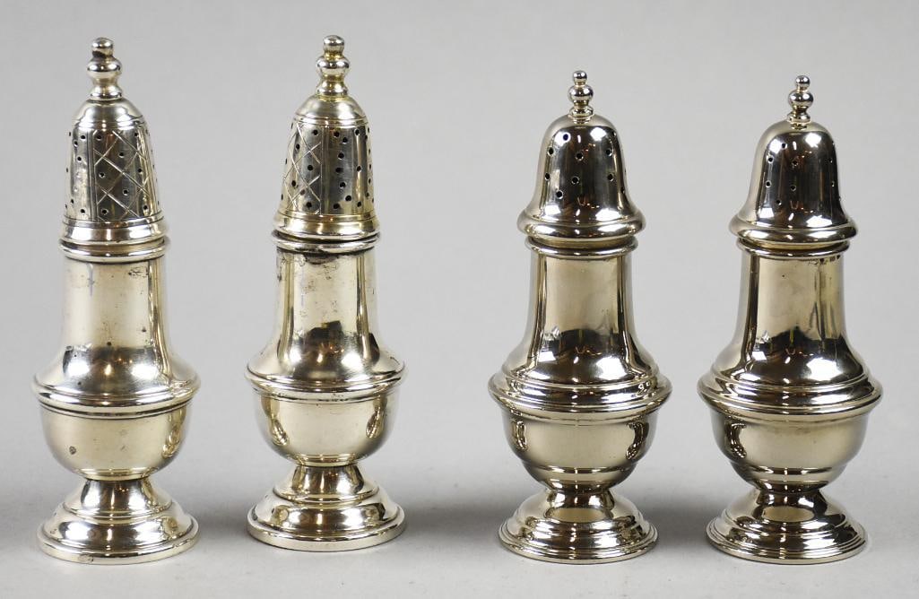 Vintage Reidlich and Wallace Sterling Salt Shakers: Both of these shaker sets are very similar in style and look great together. One is a pair from Wallace, the other is a pair from Reidlich & Co. Both sets are hollow ware. no weighted bases. Measure f