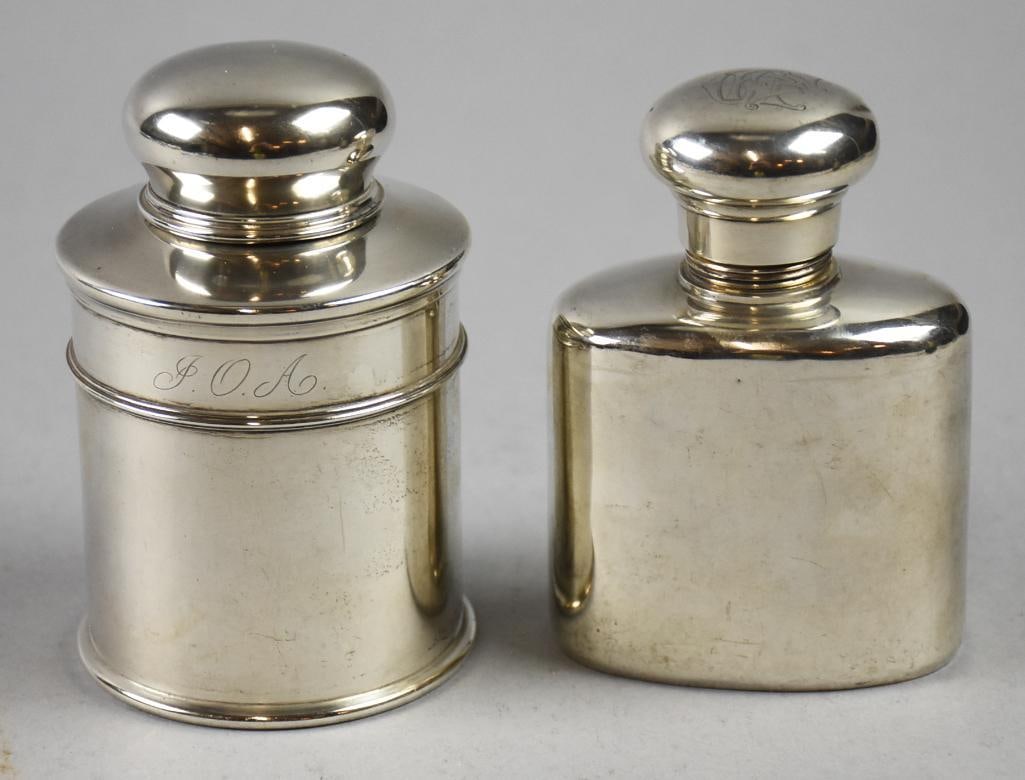 Antique JC Vickery & Wm Kerr & Co Sterling Tea Caddy-Flask: These beautiful Victorian sterling pieces are both American made and London made. The London flask was sold at retailer JC Vickery in London, unidentified silversmith. Simple design with a monogrammed