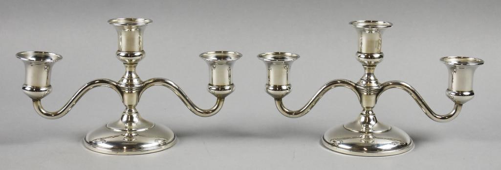 Vtg Elgin Silversmiths Sterling Silver 3 Arm Candlesticks: Beautiful pair of sterling silver candlesticks from Elgin Silversmiths. Each is simple elegant three arms with weighted base. Well marked and measure approx. 5" tall x 8" wide with an overall approx w