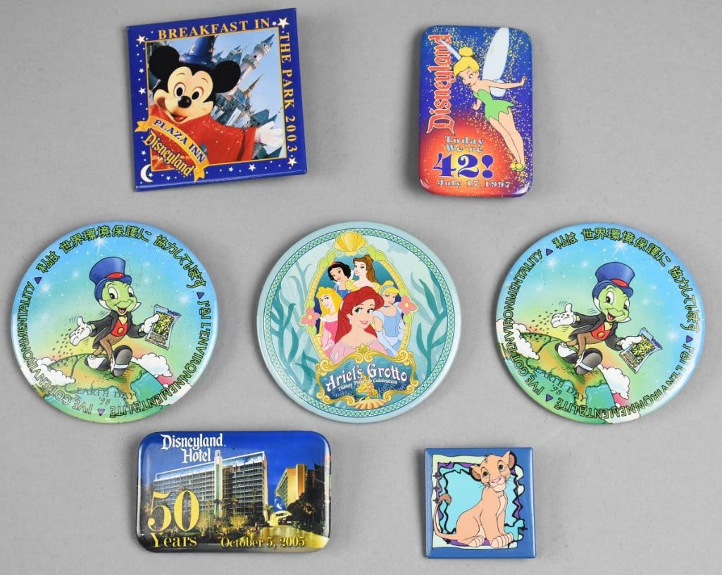 Vintage/Contemporary Disney Movie Pinbacks: Starting with the vintage, Made in the USA (Monterey Park, CA) is the square Simba pinback, pair of Jiminy Cricket Environmentality, Ariel's Grotto, 1997 Disneyland 42nd anniversary and 2003 Plaza Inn