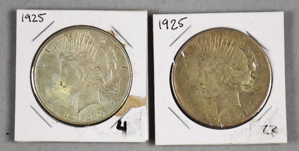 Pair 1925 Peace Dollars - Fine to Very Fine: Pair 1925 Peace Dollars - Fine to Very Fine.