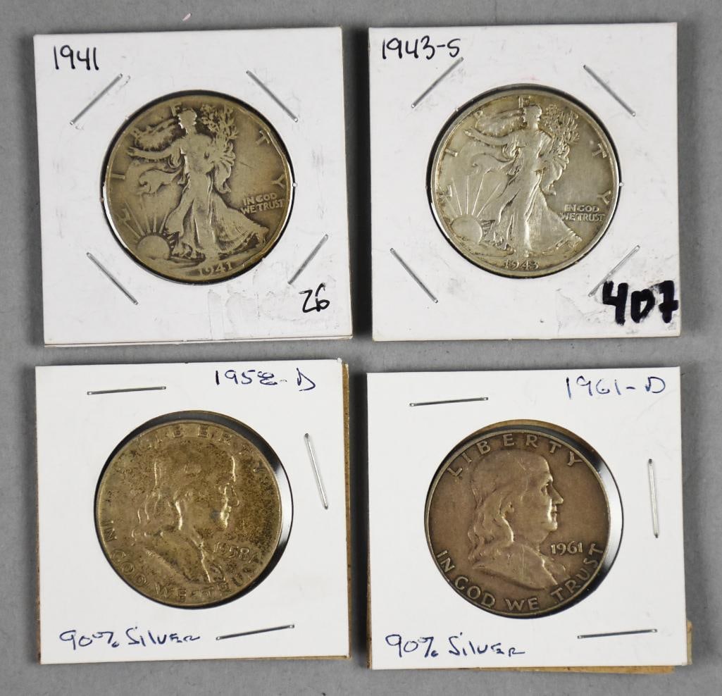 (4) 1941-61 Walking Liberty-Franklin Halfs-Fine-Very Fine: Lot is four 1941-61 Walking Liberty-Franklin Halfs-Fine-Very Fine. Includes a 1941 D, 1943 S, 1958 D and a 1961 D.