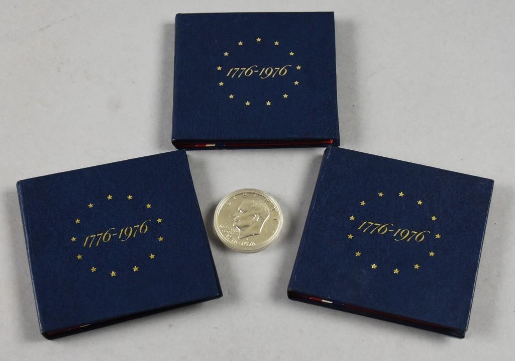 (3) 1776-1976 US Mint Bicentennial Proof Sets - COAs: Lot is three 1776-1976 US Mint Bicentennial Proof Sets - COAs. Includes a single Eisenhower dollar coin of the same year.