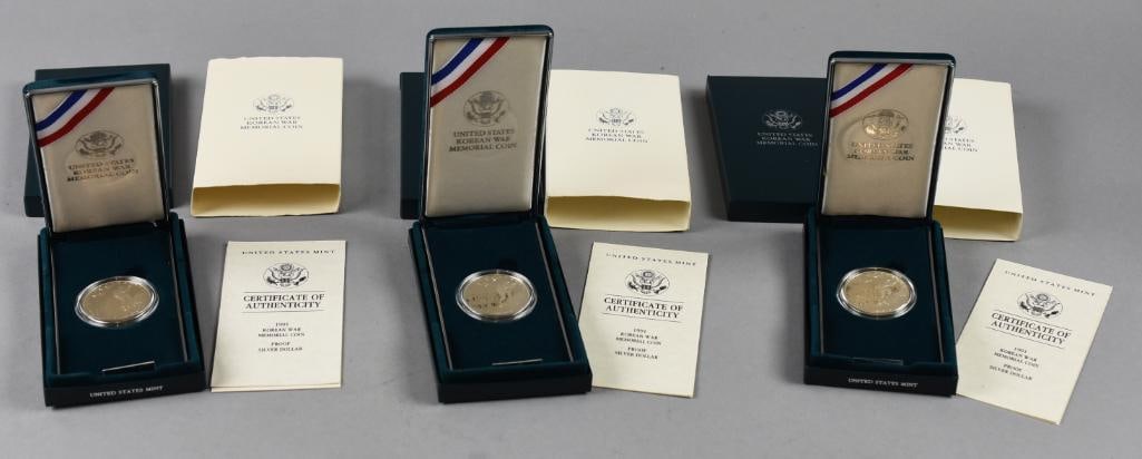 (3) 1991 US Korean War Memorial Coins-Proof, 90% Silver-COA: Lot is three 1991 US Korean War Memorial Coins-Proof, 90% Silver-COA. Original presentation boxes.