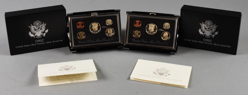 (2) 1992 US Mint Premier Silver Proof Sets-90% Silver: Lot is a pair of 1992 US Mint Premier Silver Proof Sets-90% Silver. The dime, quarter and silver dollar are 90%.