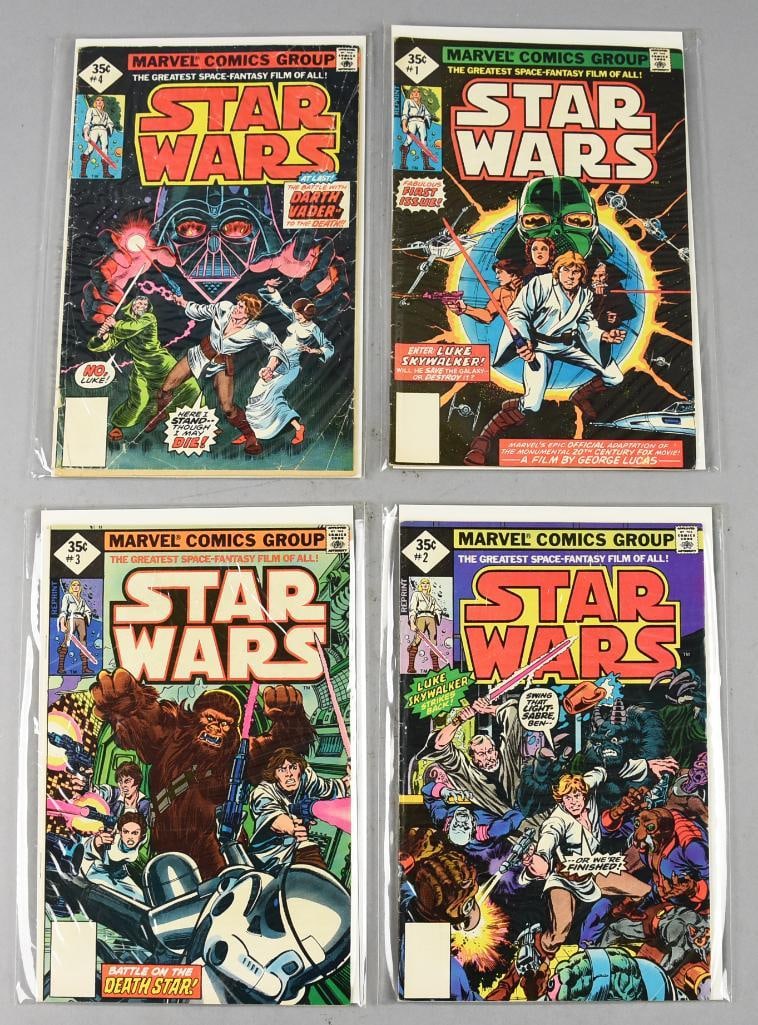 (4) 1977 Marvel Comic Star Wars Comic Books #1-4: Lot is four 1977 Marvel Comic Star Wars Comic Books #1-4. Comics #1-3 are 1977 reprints, #4 is a first print. All will come in the sleeves as shown. Single owner collection from the largest toy collec