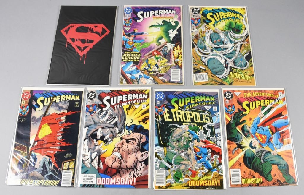 (6) 1992-93 DC Comics Superman, Incl. Death of Superman: Lot is six 1992-93 DC Comics Superman, Sleeved. Includes four December 1992, #19, #18, #74, #497 and #684. Three January, #19 and #75. Includes Death of Superman, Black Bag Collector Edition. Single o