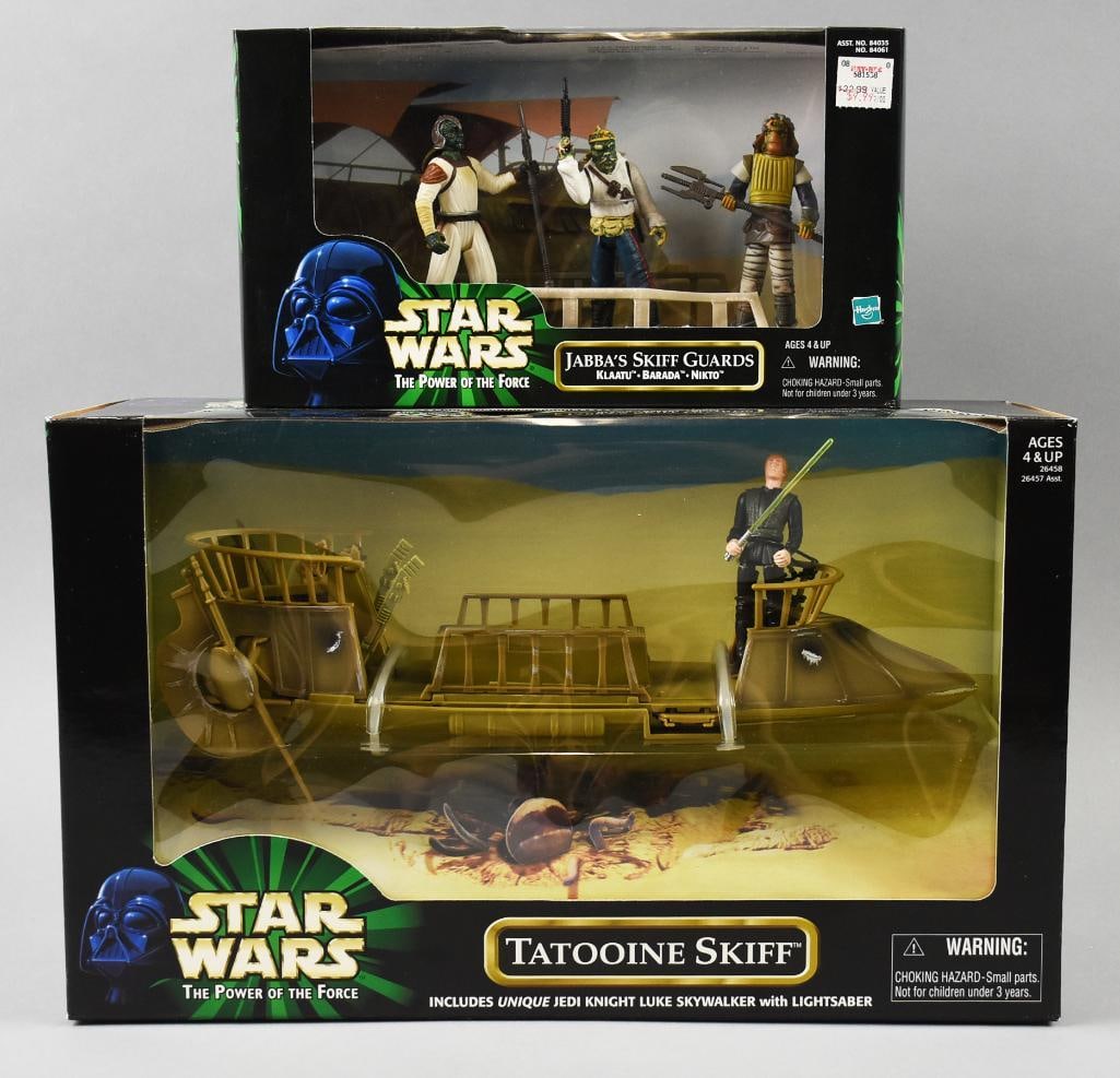 (2) 1998-99 Kenner Star Wars Play Sets-MIB-NOS: Lot is two 1998-99 Kenner Star Wars Play Sets-MIB-NOS. Includes Jabba's Skiff Guards and Tatooine Skiff. Single owner collection from the largest toy collector on the west coast.