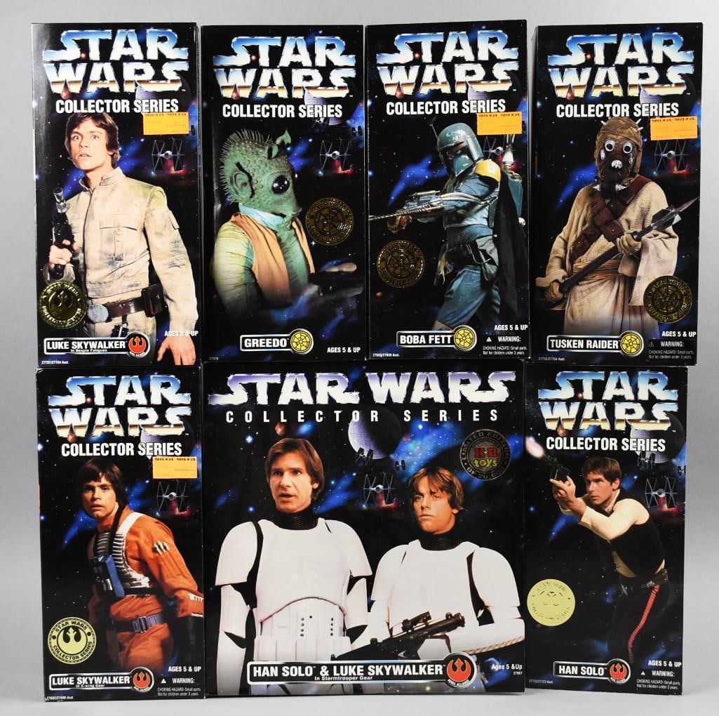 (7) 1996-97 Kenner Star Wars Collector Series-MIB-NOS: Lot is seven 1996-97 Kenner Star Wars Collector Series-MIB-NOS. Includes two Luke Skywalker (variant), Greedo, Boba Fett, Tusken Raider, Han Solo and a double box set of Luke and Han. Single owner col