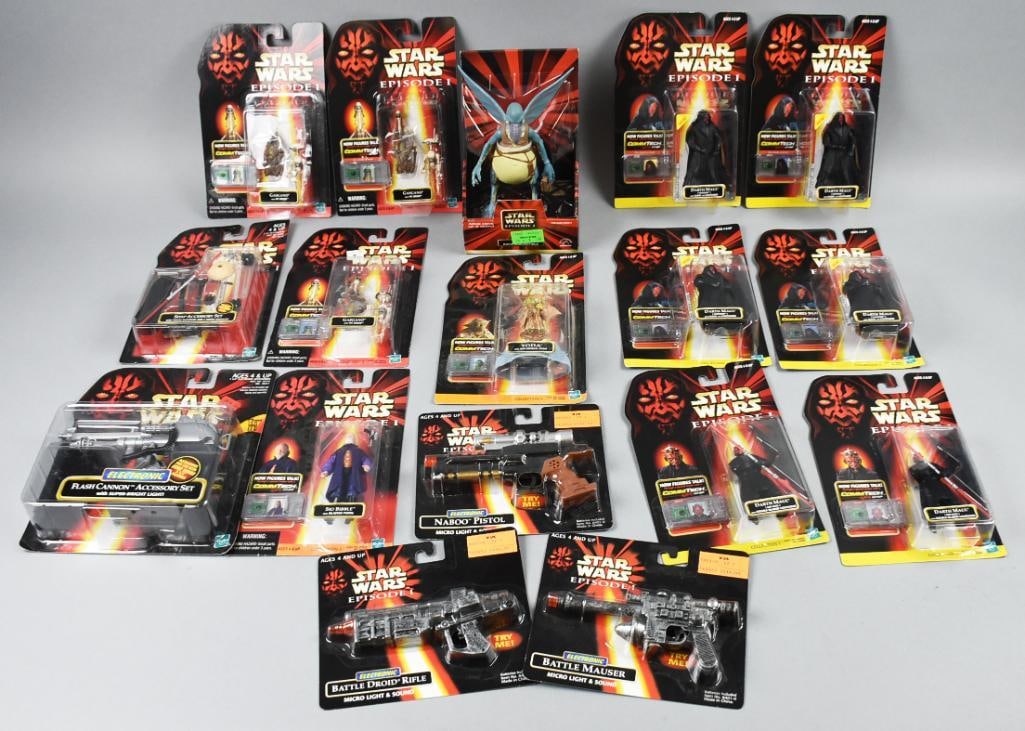 (17) 1998-99 Hasbro Star Wars Episode I Action Figs-MOC-NOS: Lot is 17 1998-99 Hasbro Star Wars Episode I Action Figs-MOC-NOS. Includes Darth Maul, Watto, Gasgano, Sio Bibble, Battle Mauser, Naboo Pistol and more. Lot contains duplicates. Single owner collectio
