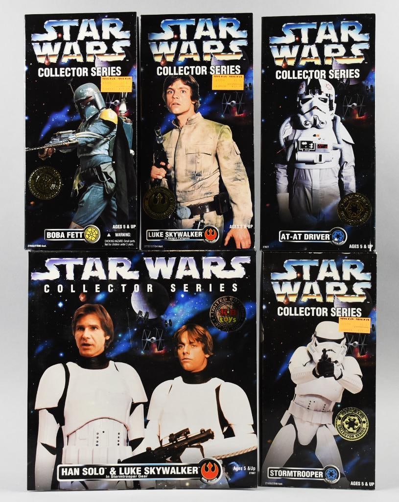 1996-97 Kenner Star Wars Collector Series Figures-MIB-NOS: 1996-97 Kenner Star Wars Collector Series Figures-MIB-NOS. Includes Boba Fett, Luke Skywalker, Stormtrooper, AT-AT Driver and a double pack with Luke and Han Solo. Single owner collection from the lar