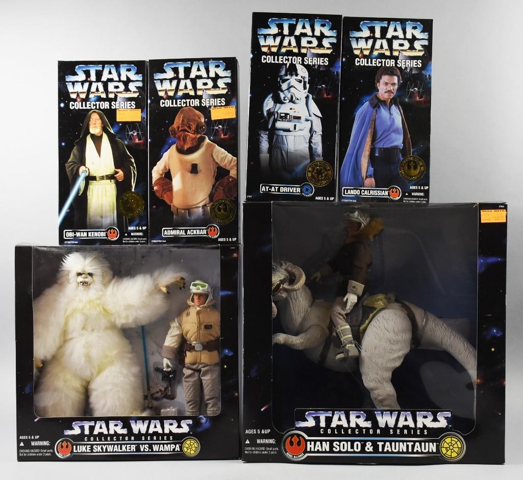 (6) 1996-97 Kenner Star Wars Collector Series-MIB-NOS: Lot is six 1996-97 Kenner Star Wars Collector Series-MIB-NOS. Includes Luke Skywalker/Tauntaun, Luke/Wampa, Admiral Akbar, Obi Wan, AT-AT Driver and Lando Calrissian. Single owner collection from the 
