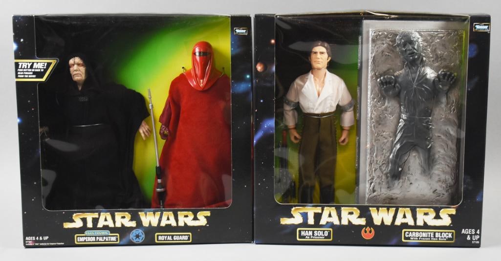(2) 1998 Kenner Star Wars Double Pack Figures-MIB-NOS: Lot is two 1998 Kenner Star Wars Double Pack Figures-MIB-NOS. Includes Han Solo-Carbonite Block and Emporer Palpatine-Royal Guard. Single owner collection from the largest toy collector on the west co