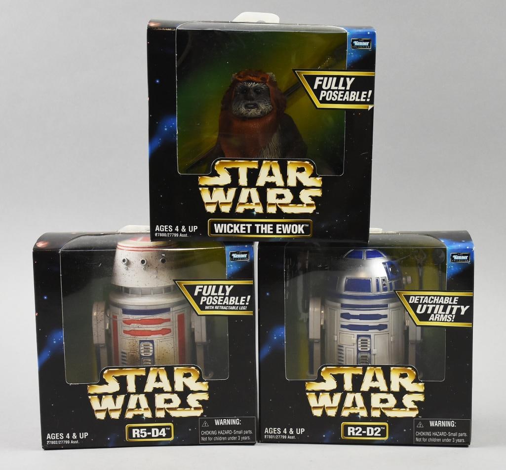 (3) 1998 Kenner Star Wars Action Collection-MIB-NOS: Lot is three 1998 Kenner Star Wars Action Collection-MIB-NOS. Includes Wicket the Ewok, R1-D2 and R5-D4. Single owner collection from the largest toy collector on the west coast.