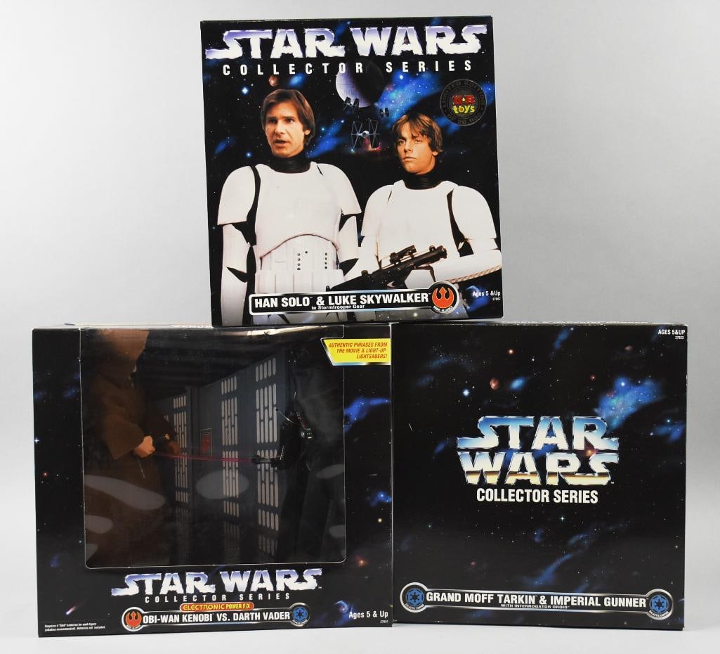 (3) 1996-97 Kenner Star Wars Collector Series-MIB-NOS: Lot is three 1996-97 Kenner Star Wars Collector Series-MIB-NOS. Includes Obi Wan Kenobi-Darth Vader, Luke Skywalker-Han Solo and Grand Moff Tarkin-Imperial Gunner. Single owner collection from the lar
