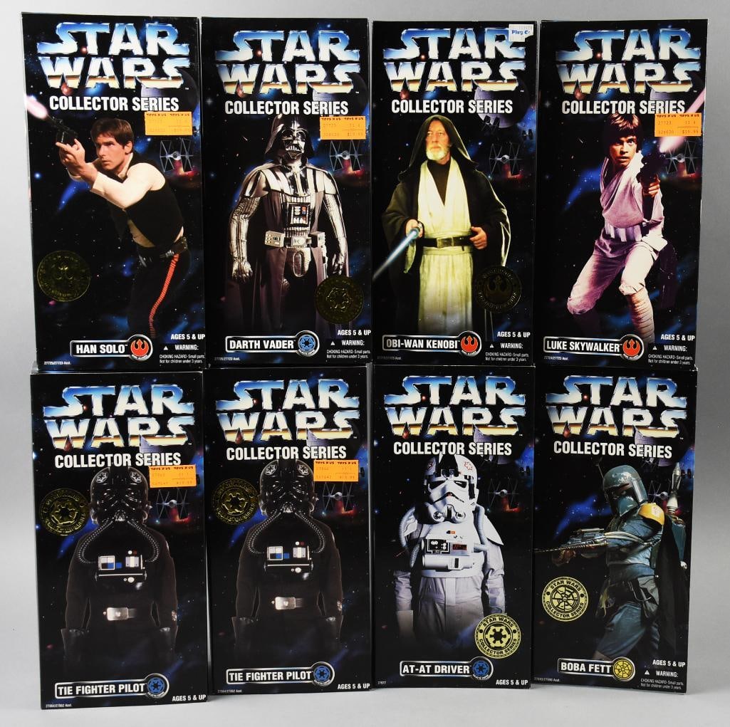 (8) 1996-97 Kenner Star Wars Collector Series Figs-MIB-NOS: Kenner Star Wars Collector Series Figures-MIB-NOS. Includes Han Solo, Darth Vader, Obi Wan Kenobi, Luke Skywalker, Boba Fett, AT-AT Driver and two TIE Figher Pilot. Single owner collection from the la