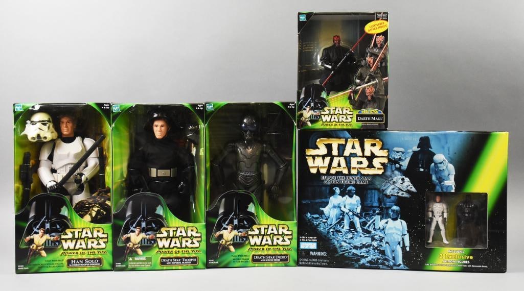 (5) 1998, 2000-01 Kenner Star Wars Figures-Game-MIB-NOS: Lot is five 1998, 2000-01 Kenner Star Wars Figures-Game-MIB-NOS. Includes Death Star Droid, Death Star Trooper, Han Solo, Darth Maul and Escape the Death Star Action Figure Game. Single owner collecti
