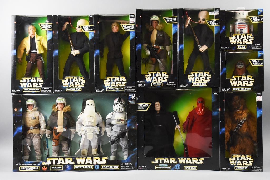 (10) 1997-98 Kenner Star Wars Action Collection-MIB-NOS: Lot is 10 1997-98 Kenner Star Wars Action Collection-MIB-NOS. Includes Chewbacca, Han Solo, R5-D4, Wicket the Ewok, two Luke Skywalker (variant) and two Barquin D'an, one double pack: Emporer Palpatin