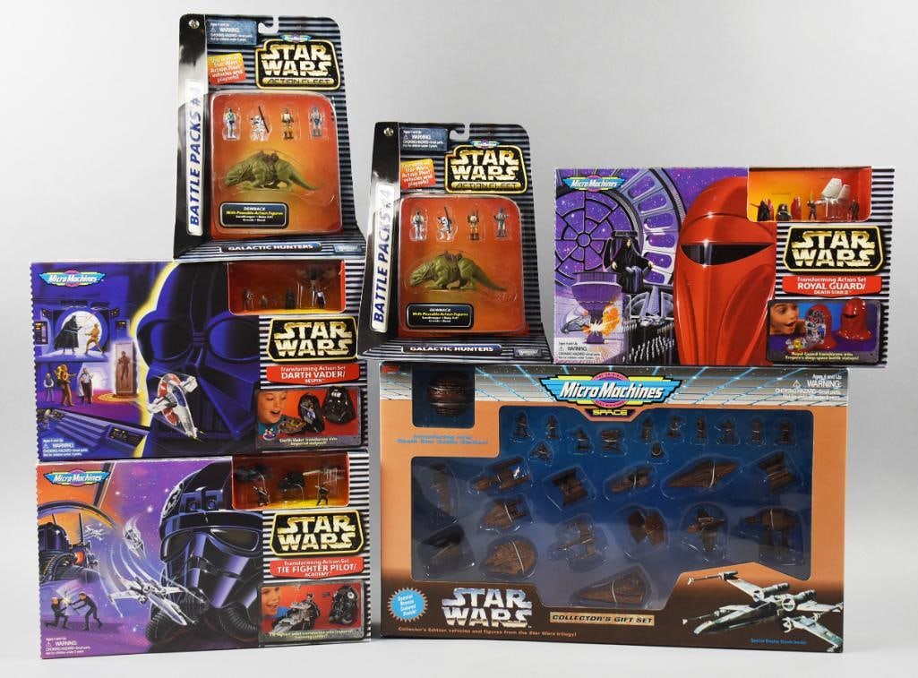 (6) 1995-96 Micro Machines Star Wars Multi Packs-MIP-NOS: Lot is six 1995-96 Micro Machines Star Wars Multi Packs-MIP-NOS. Includes Darth Vader Action Set, Fighter Pilot Academy, Royal Guard, Collector Gift Set and two Imperial Hunter Battle Packs. Single ow