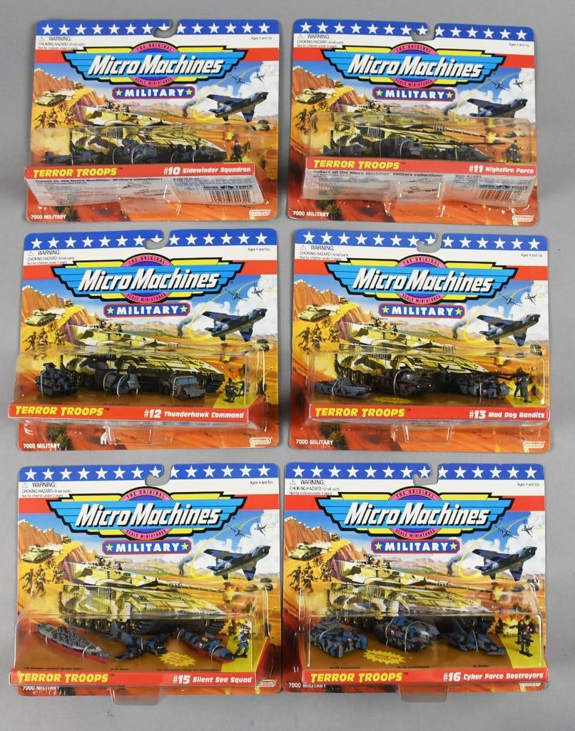(6) 1995 Galoob Micro Machines Terror Troops Military-MOC-NOS: Lot is six 11995 Galoob Micro Machines Terror Troops Military-MOC-NOS. Includes Sidewinder Squadron, Nightfire Force, Thunderhawk Command, Mad Dog Bandits, Silent Sea Squad and Cyber Force Destroyers.