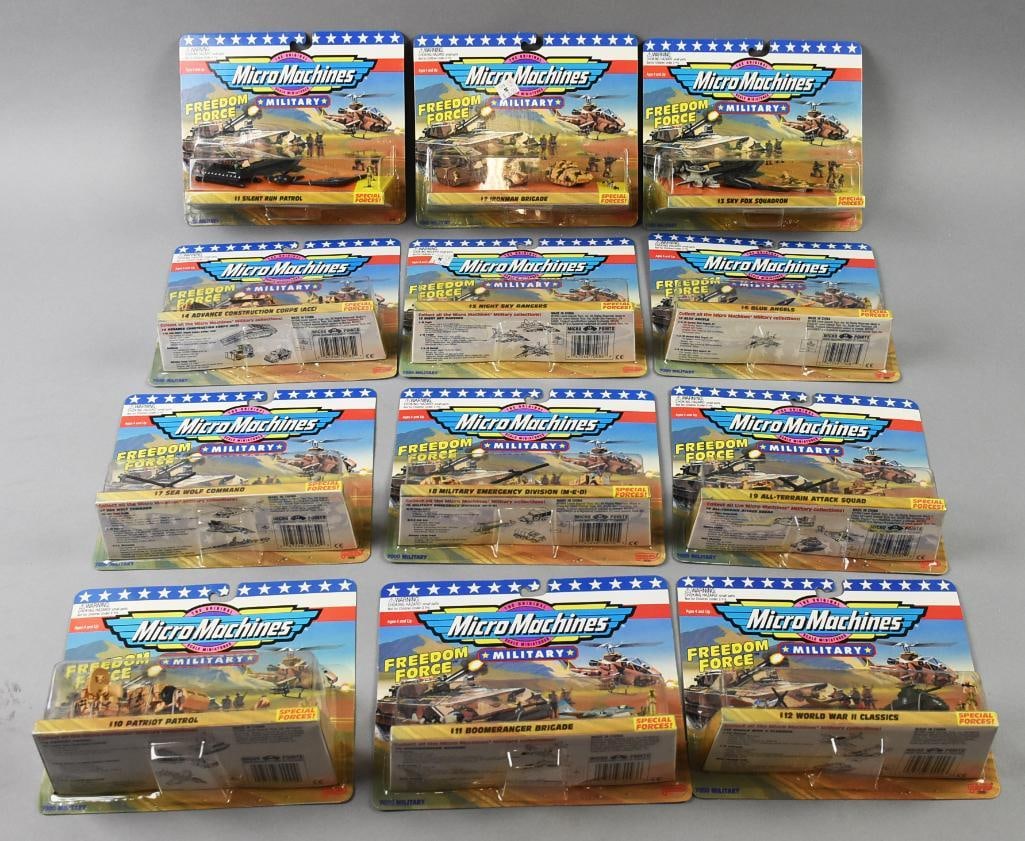 (12) 1994 Galoob Micro Machines Freedom Force-MOC-NOS: Lot is 12 1994 Galoob Micro Machines Freedom Force-MOC-NOS. Includes Silent Run Patrol and Ironman Brigade, Sky Fox Squadron, Advance Construction Corps, Night Sky Rangers, Blue Angels, Sea Wolf Comma