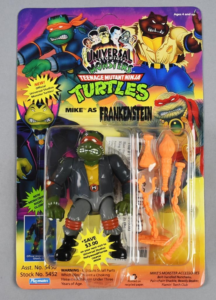 1993 Playmates TMNT Mike as Frankenstein-MOC-NOS: 1993 Playmates Universal Monster Teenage Mutant Ninja Turtles Mike as Frankenstein-MOC-NOS. Single owner collection from the largest toy collector on the West Coast.