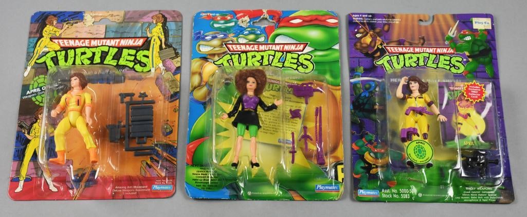 (3) 1988, 92, 94 Playmates TMNT April Variants-MOC-NOS: Lot is three 1988, 92, 94 Playmates Teenage Mutant Ninja Turtles April Variants-MOC-NOS. Includes April the Ravishing Reporter and two April O'Neil variants. Single owner collection from the largest t