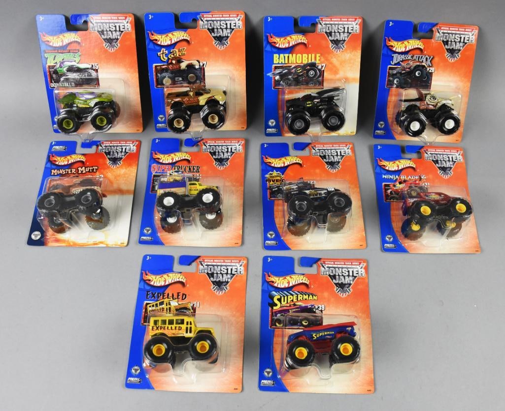 (10) 2002-03 Mattel Hot Wheels Monster Jam Die Cast-MOC-NOS: Lot is 10 2002-03 Mattel Hot Wheels Monster Jam Die Cast-MOC-NOS. Includes Expelled, Batmobile, Superman, Five-O, Teenage Mutant Ninja Turtles Donatello, Taz, Jurassic Attack, Monster Mutt, Super Truc