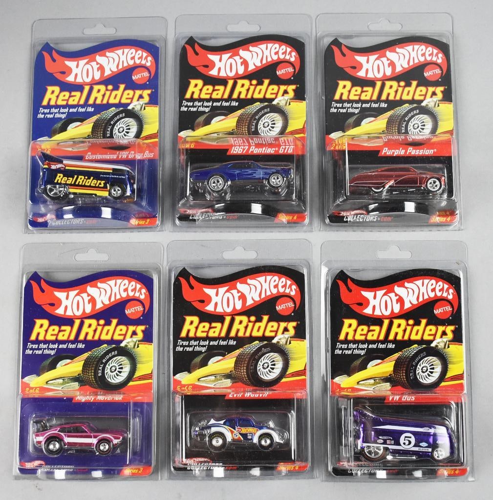 (6) 2003-04 Mattel Hot Wheels Real Riders-MOC-NOS: Lot is six 2003-04 Mattel Hot Wheels Real Riders-MOC-NOS. Includes VW Bus, Customized VW Bus, Pontiac GTO, Purple Passion, Evil Weevil and Might Maverick. Single owner collection from the largest toy 