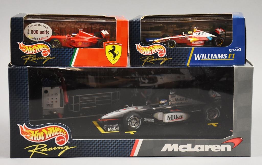 (3) 1999 Mattel Hot Wheels Racing 1:18, 1:24 Scale-MIB-NOS: 1999 Mattel Hot Wheels Racing 1:18, 1:24 Scale-MIB-NOS. Includes McLaren, Ferrari and Williams F1. Single owner collection from the largest toy collector on the West Coast.