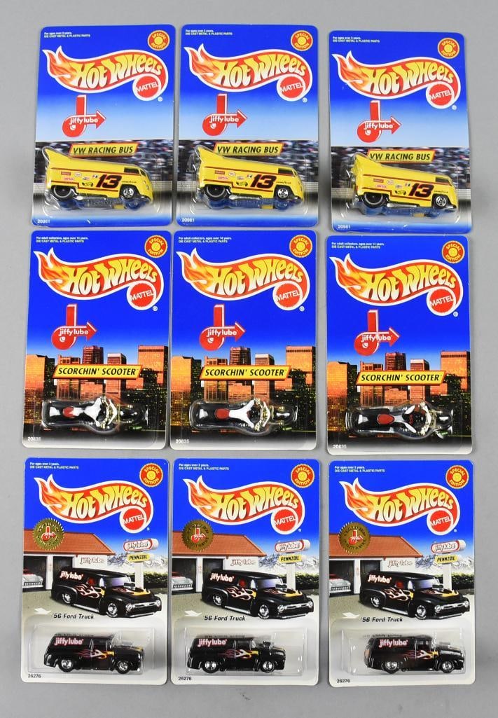 (9) 1998-99 Mattel Hot Wheels Die Cast - MOC - NOS: Lot is nine 1998-99 Mattel Hot Wheels Die Cast - MOC - NOS. Includes three of each: VW Racing Bus, Scorchin' Scooter and '56 Ford Truck. Single owner collection from the largest toy collector on the W