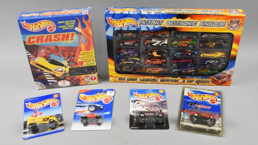 (6) 1990s-2000s Mattel Hot Wheels Die Cast Cars-MIP-NOS: Lot is six 1990s-2000s Mattel Hot Wheels Die Cast Cars - MIP - NOS. Includes Mutant Giotronic Kingdom, Crash CD-Rom, S'Cool Bus, VW Racing Bus, '70 Mustang Cobra and VW Bug. Single owner collection fr