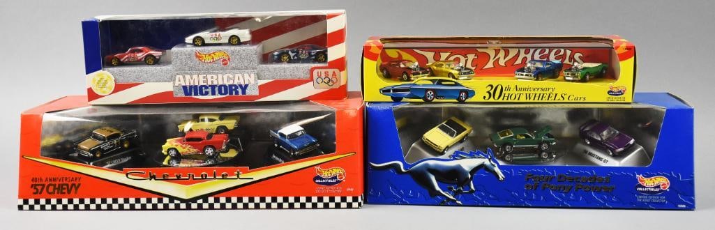 (4) 1996, 98 Mattel Hot Wheels Multi Car Packs-MIB-NOS: Lot is four 1996, 98 Mattel Hot Wheels Multi Car Packs-MIB-NOS. Includes American VIctory, Chevrolet, 30th Anniversary and Four Decades of Pony Power. Single owner collection from the largest toy coll